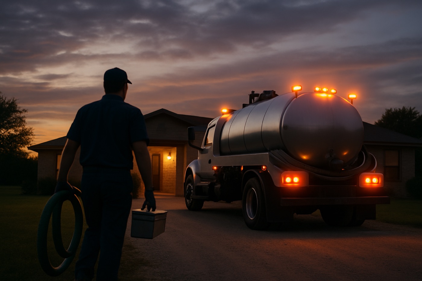 Emergency septic service truck arriving at a Kyle, TX home at dusk