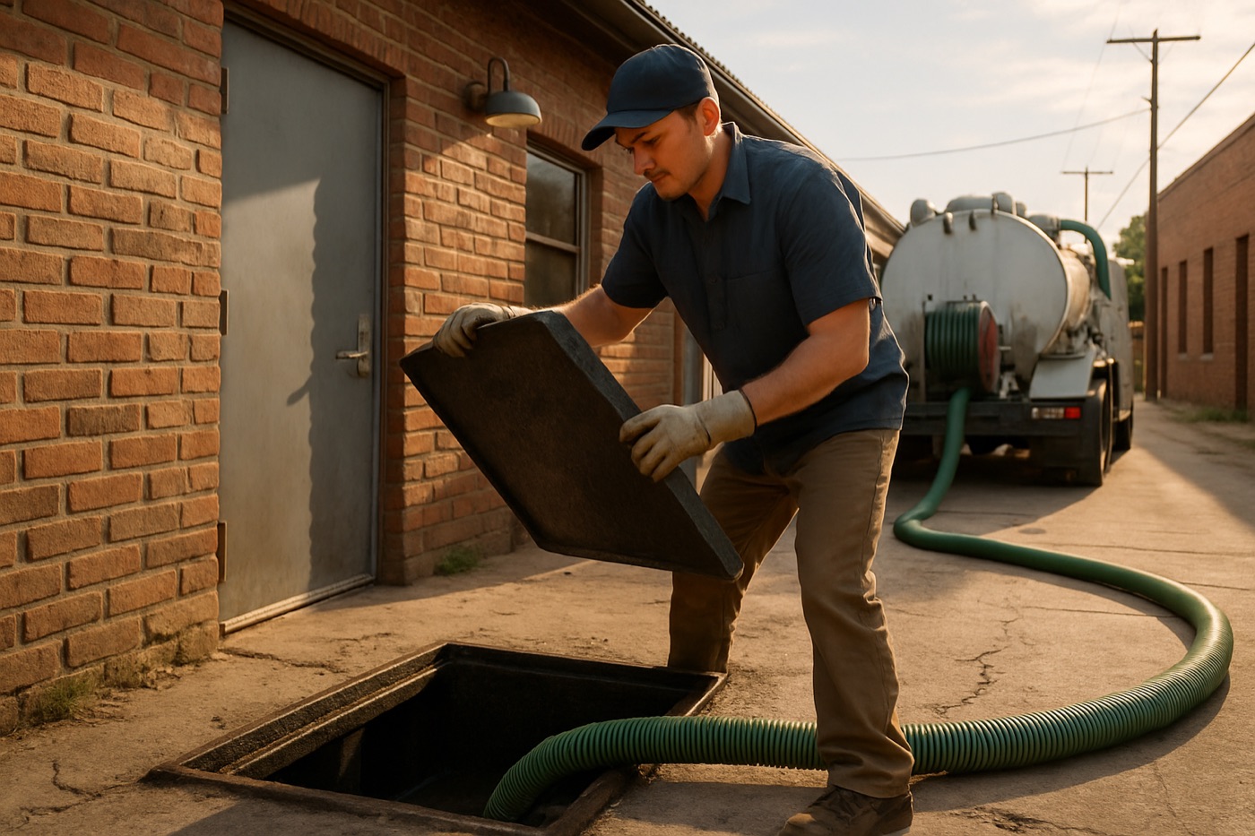 Technician servicing an in-ground grease interceptor behind a Kyle, TX restaurant