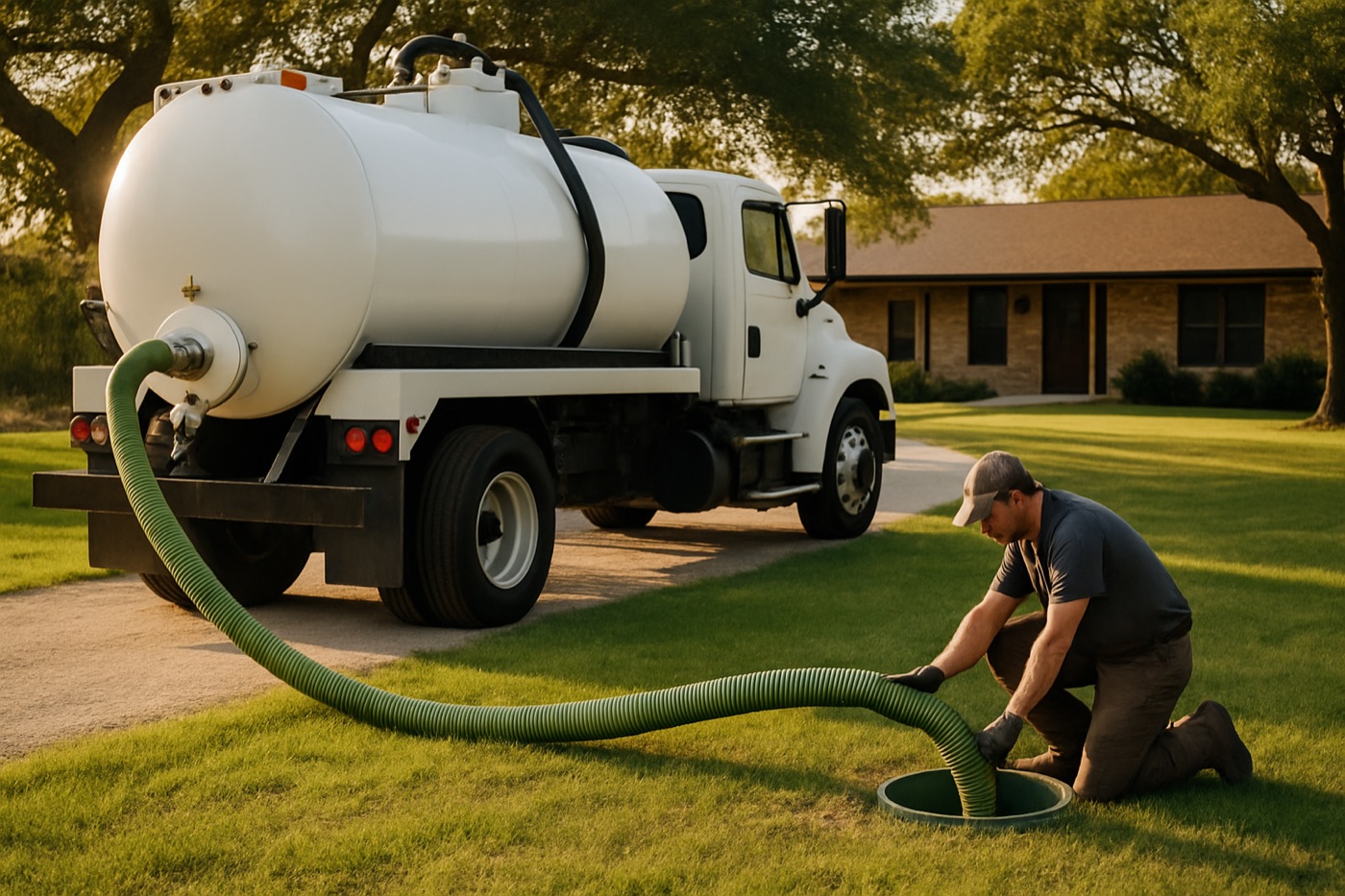 Septic pumping truck and technician at a home in Kyle, Texas