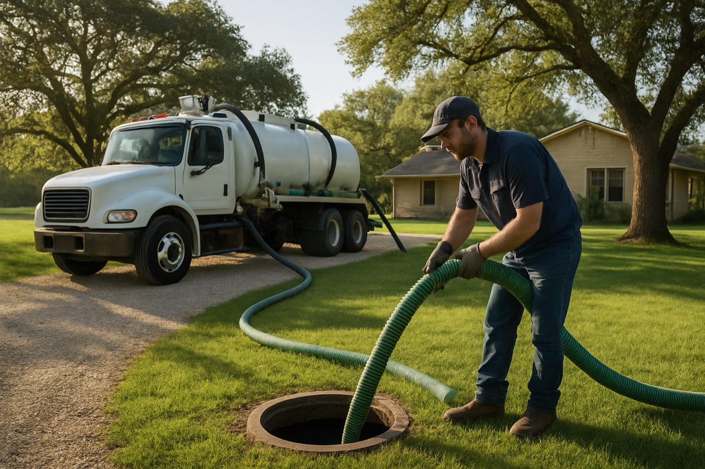 Septic pump truck operator running a hose to an open tank at a Kyle, Texas home