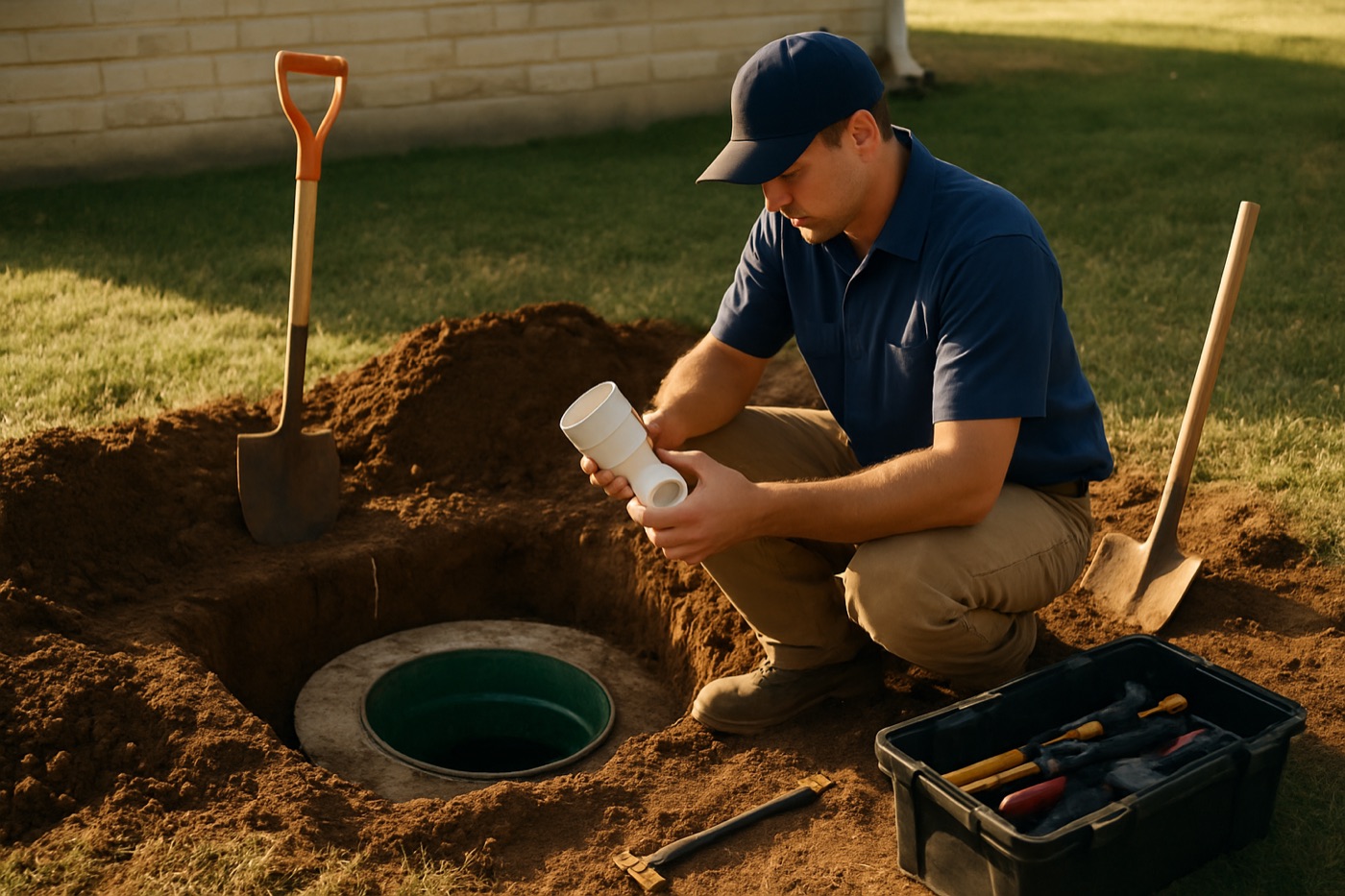 Excavated septic tank with technician repairing a PVC fitting in Kyle, TX